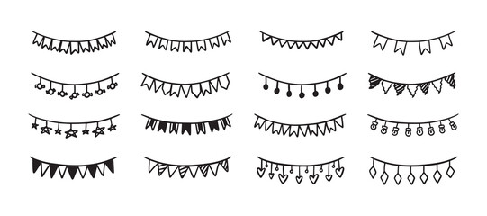 Holiday bunting doodle set. Hand drawn outline birthday garland of flags, hearts, stars, circles. Children doodle drawing © Yanka
