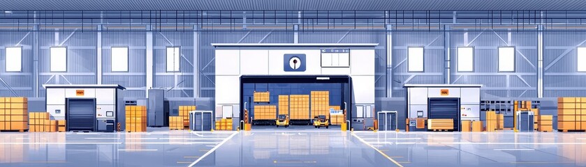 Modern Industrial Warehouse Interior with Pallet Stacks and Equipment