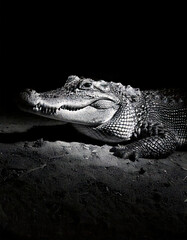 Obraz premium Front of Crocodile in style of black and white, monochrome photography. Fine art print. Close-up moody portrait of Crocodile face with dramatic contrast and depth. Fine art photography portrait.