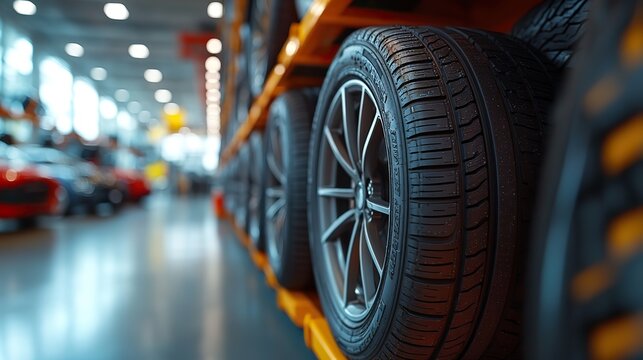 A stack of tires with cars in the background, located inside an automotive shop