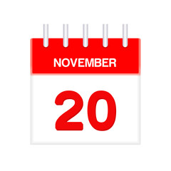 November 20 - calendar and Time planner. Daily Calendar Icon reminder. Vector Illustration.