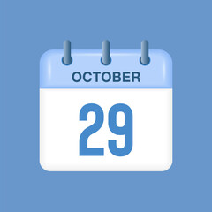 October 29 - calendar and Time planner. Daily Calendar Icon reminder. Vector Illustration.