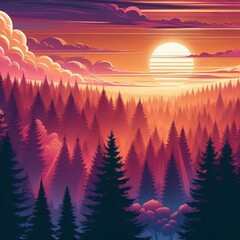 14 Sunset Forest Oranges pinks and purples illustrating a forest