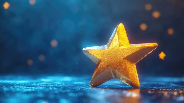 Gold star on a blue background as a reward. First place in a computer game. Top Performance Award. Winners Cup. Goal achievement concept. Winner certificate. Achievements. Victory.