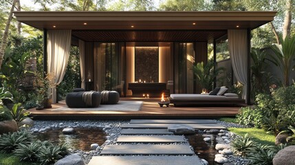 Serene outdoor spa pavilion with stone pathway, water feature, and lounge furniture.