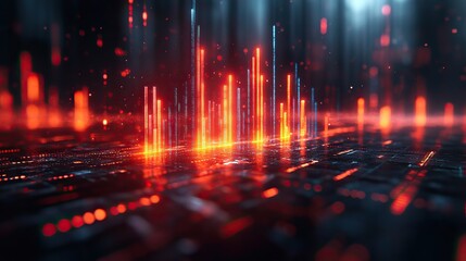 A stock market bar graph with red and blue candles is set against a dark gray background