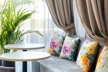 Elegant Living Room Interior With Floral Pillows And Tables