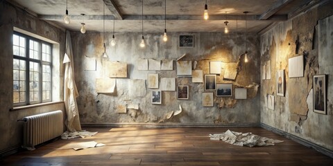 A sunlit room with distressed walls adorned with various artwork and papers, featuring a hardwood floor and antique radiator, creating a nostalgic and artistic ambiance.
