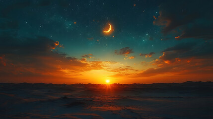 Obraz premium Ramadan background with crescent, stars and glowing clouds above mosque on mountains. Month of Ramadan is that in which was revealed Quran. Mixed media image. 