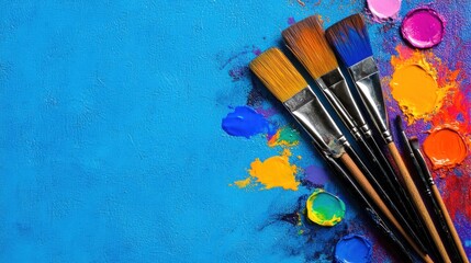 Fototapeta premium Vibrant Canvas Creation with Assorted Paintbrushes and Paint - Top View