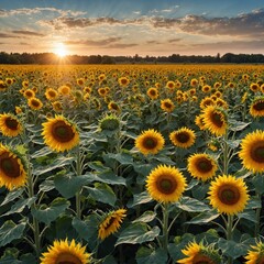 Field of Sunflowers: A bright and cheerful field of sunflowers stretching as far as the eye can see, under a cloudless summer sky.