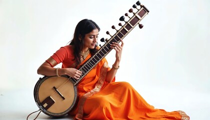 Indian woman in traditional Sari clothing Playing the Sitar.