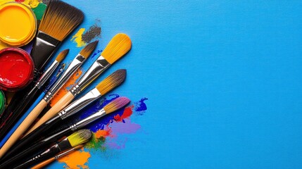 Obraz premium Vibrant Canvas Creation with Assorted Paintbrushes and Paint - Top View