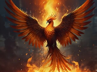 A phoenix rising from fiery ashes, its wings glowing with vibrant orange and gold hues.