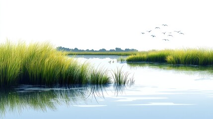 Serene marsh landscape with tall grasses, calm water, and birds in flight.