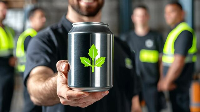 Smiling worker holds silver can with green leaf logo in industrial setting surrounded by colleagues