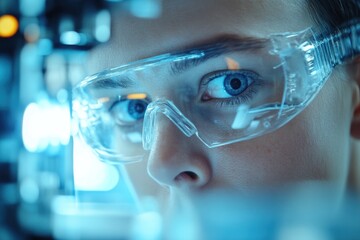Close-up of a Scientist's Focused Gaze in a High-Tech Laboratory Setting