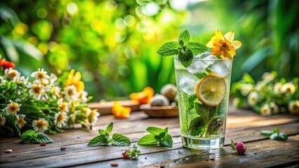 Refreshing Summer Beverage with Mint and Lemon on Wooden Table
