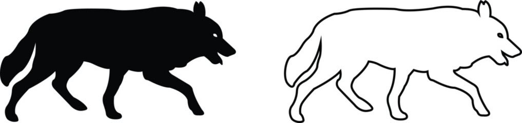 Black wolf silhouette cutout icon set. Flat and line vector wolf animal collection isolated on transparent background. Front and side view print tribal tattoo howling design Pagan familiar spirit art