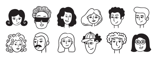 people avatars for social media, website doodle hand drawn icon set. Outline drawing trendy portraits girls and guys line clipart symbol collection.  © Yanka