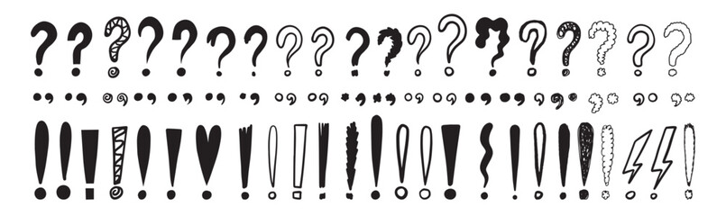 Doodle exclamation marks, question marks. Punctuation drawing black marks, Hand drawn exclamation point