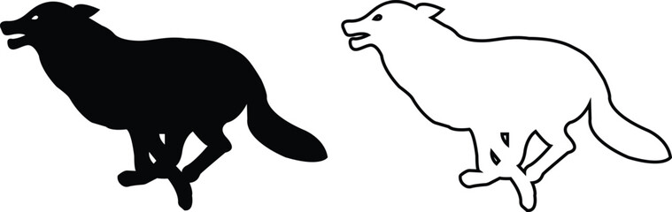 Black wolf silhouette cutout icon set. Flat and line vector wolf animal collection isolated on transparent background. Front and side view print tribal tattoo howling design Pagan familiar spirit art