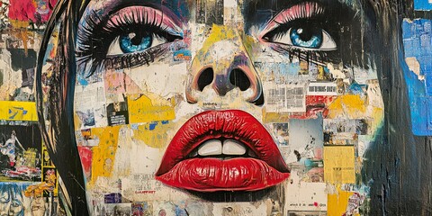 Colorful abstract woman portrait. A womans face in vibrant collage art. Mixed media with colorful, abstract layers. Contemporary visual art, dynamic and unique, perfect for vibrant modern themes.