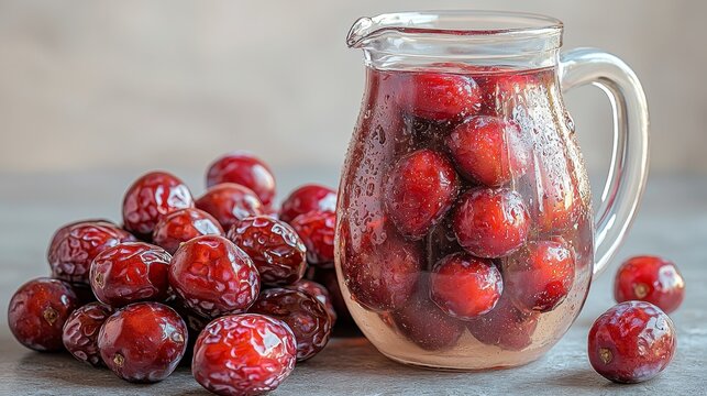Red plums in glass pitcher and pile on table.