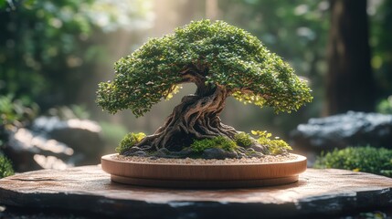 Fototapeta premium Lush bonsai tree in a garden setting.