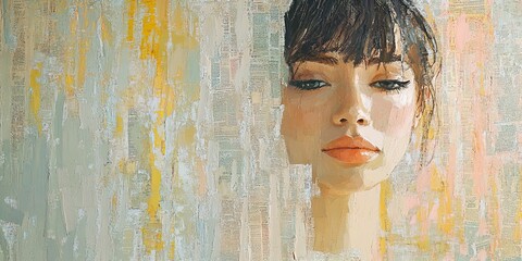The abstract modern female portrait painting captures beauty with artistic expression. A womans face of elegance defines art and expression. Soft texture and colorful oil paint convey modern