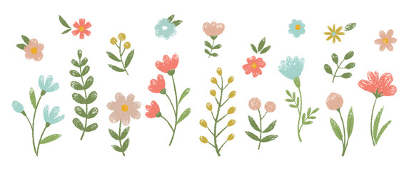 Set of doodle flowers for kids with crayon, chalk or pastel texture. Scandinavian spring floral background. Easter or summer vector illustration. © Arina