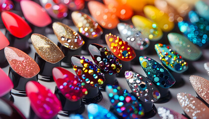 Photo: Colorful Artificial Nails with Glitter, Gems, and Polish Display