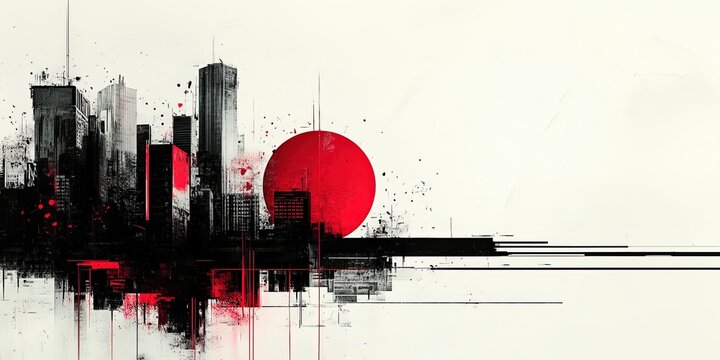 Modern urban cityscape presents an abstract skyline. Buildings painted in red contrast with digital art patterns. Minimalism meets architecture in a dynamic silhouette. Ideal for contemporary art and