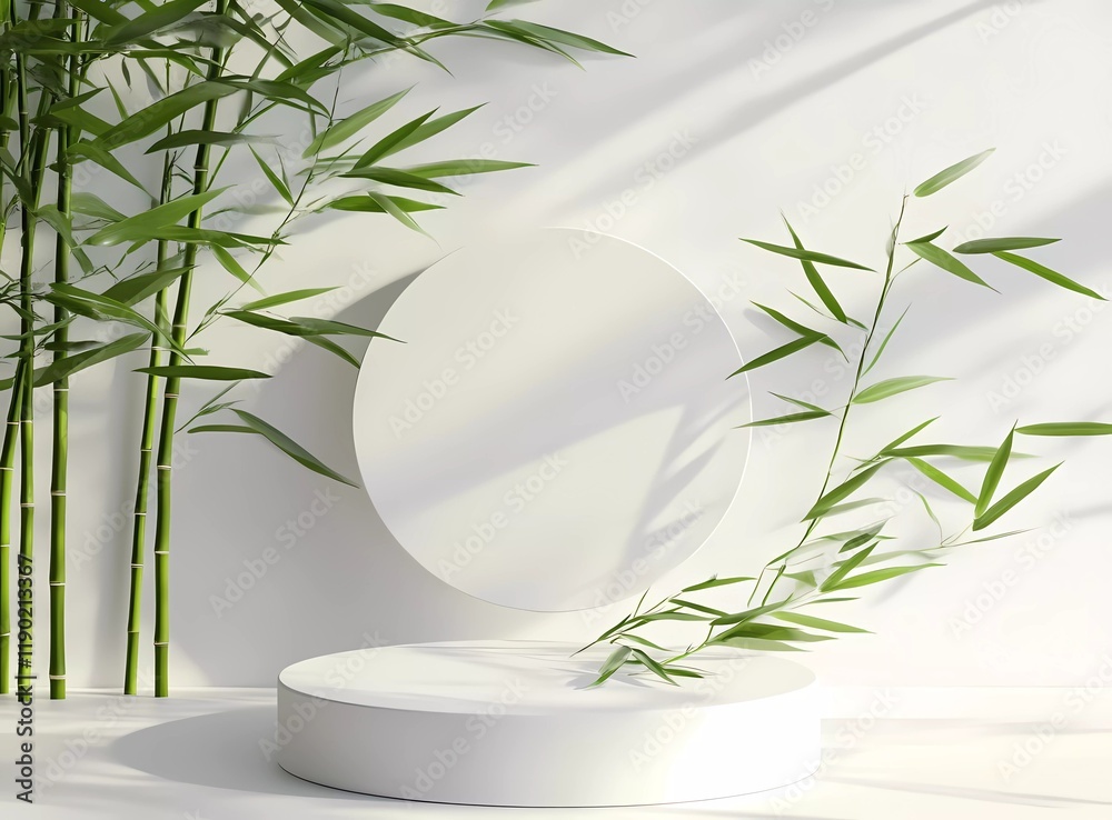 Poster 3d rendering of a white empty podium with bamboo leaves on the right side and a circular shape in fr