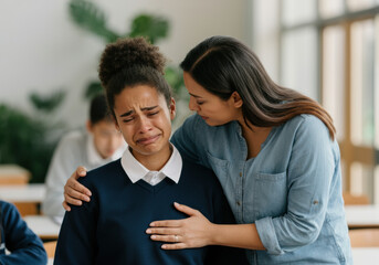 Teacher Comforting Crying Student in Classroom