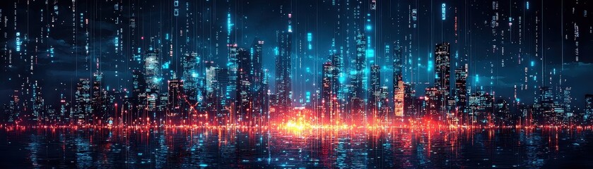 Fototapeta premium Futuristic City skyline with neon lights and digital data streams