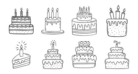 happy birthday cake doodle hand drawn icon set. Outline drawing birthday cake with candles line clipart symbol