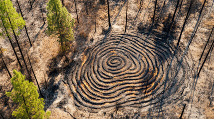 Aerial view of unique spiral pattern in forest fire burn scar, surrounded by charred trees and dry vegetation, showcasing nature resilience and impact of wildfires