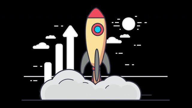 A colorful cartoon rocket launching with upward arrows in a flat design style against a dark background.