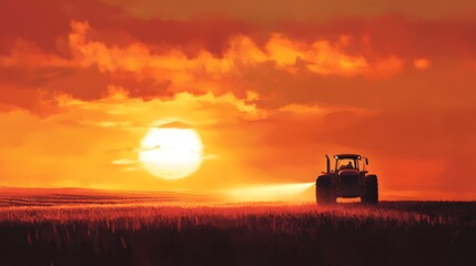 Silhouetted Tractor Against Fiery Sunset in Expansive Field, Capturing the Tranquil Beauty of Dusk and the Essence of Rural Life