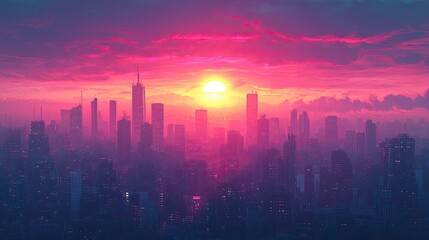 A sunset over a city skyline is depicted in an 80s art style with flat colors, reminiscent of 2D game art