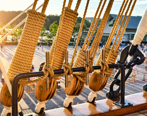 Ropes stretched across the masts of an old ship