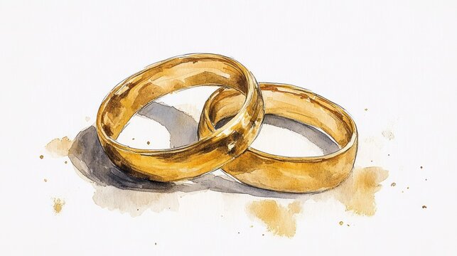 Golden Matrimony: Watercolor Painting of Wedding Rings on White Background