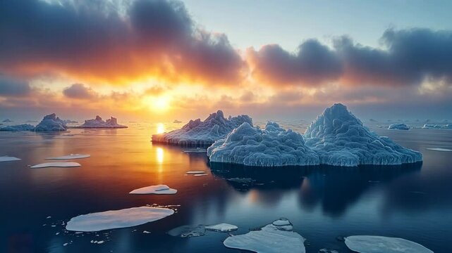 sunrise at the horizon of ocean with ice sheet floating in sea water , dreamy breathtaking nature scenery