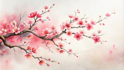 Fototapeta premium Delicate Watercolor Painting of a Blossoming Branch with Pink Flowers and Soft Background