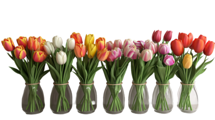 Set of tulips in violet, white, pink, red, purple, and blue on a transparent background. Valentine's Day, Easter, Birthday, Women's Day, Mother's Day, flat lay, quotes, greetings, messages, and cards.