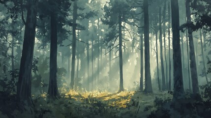Loose watercolor style of a pine forest in early morning mist, muted greens and grays, gentle sunlight filtering through tall trunks 