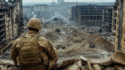 Fototapeta premium Soldier overlooking devastated urban landscape, reflecting on destruction and loss. scene captures aftermath of conflict, with ruined buildings and debris scattered