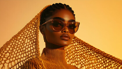 Photo, Fashion Portrait - Golden Hues, Braids, Sunglasses, Stylish, Elegance, Beauty, Model,  Gold Netting, Warm Tones,  Glow