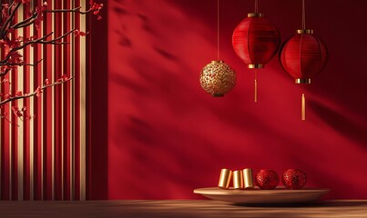 Red background, red and gold color combination, podium display design with lanterns and Chinese ingots hanging on the wall, paper-cut art style, Chinese New Year atmosphere